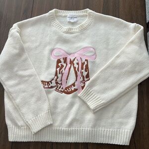 Women's Cream Sweater with Pink Bow and Cowboy Boots Design